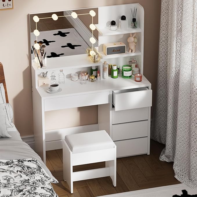 Vanity Desk with Mirror and Lights, 37-Inch Wide Makeup Vanity with Upholstered Vanity Stool, 5 Drawers Makeup Table with Lighted Mirror, 3 Lighting Modes Brightness Adjustable for Bedroom, White
