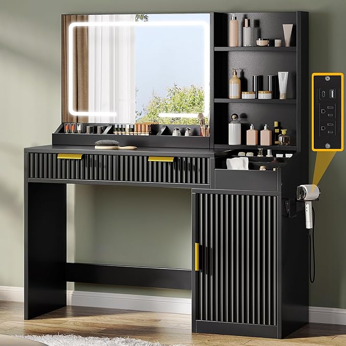 DWVO Fluted Makeup Vanity Desk with Large 27" Mirror and Lights, Modern Big Makeup Table with Power Outlet, 11 Shelves & 2 Drawers, 3 Color Lighting Modes, Dressing Table Vanity Set for Bedroom, Black