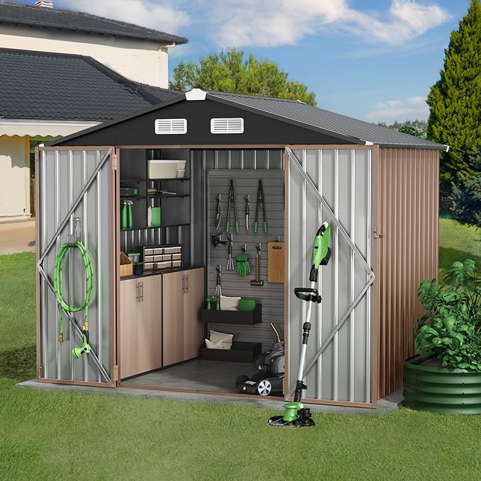 GVDV 8x6 FT Outdoor Metal Storage Shed, 7.3x5.3 FT Base Durable Garden Shed with Updated Frame Structure for Backyard, Patio, Tool Storage, All-Weather Shelter for Bike, Gardening Tools, No Floor