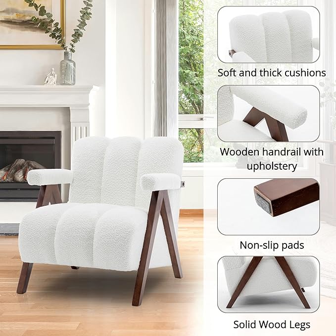 Mid Century Modern Accent Chairs Set of 2 with Solid Wood Frame, Boucle Upholstered Living Room Chairs with Thick Cushion, Comfy Tufted Arm Chair for Bedroom, Ivory