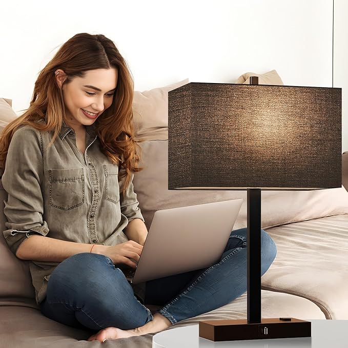 21" Touch Bedside lamps with 2 USB & AC Outlets, 3-Way Dimmable Bedside Table Lamps Set of 2 for Bedroom Living Room Office Reading, Black Shade Lamps for Night Stands, 2700K LED Bulbs Included