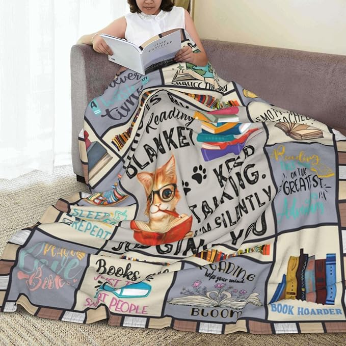 Wsradto Book Blanket Bookworm Throw Blanket Reading Lovers Gifts for Bookish Reader Librarian Plush Fleece Flannel for Couch Sofa Bed Room Decor 50"X60"