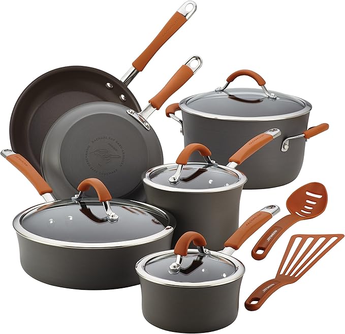 Rachael Ray Cucina Dishwasher Safe Hard Anodized Nonstick Cookware Pots and Pans Set, 12 Piece, Gray & Yum-o! Bakeware Oven Lovin' Nonstick Loaf Pan, 9-Inch by 5-Inch Steel Pan, Gray