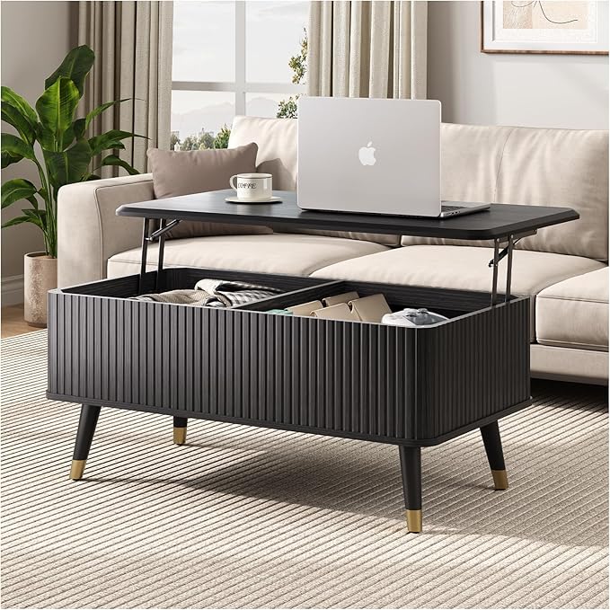 Lift Top Coffee Table with Storage,Mid Century Modern Coffee Table,Fluted Wood Rectangle Center Table for Living Room,Home Office,Black