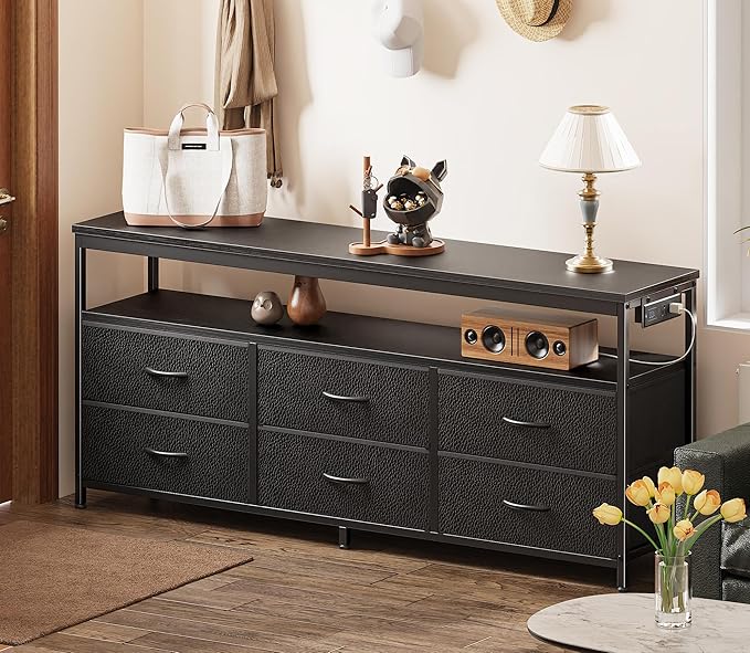 Huuger LED TV Stand for Bedroom, 55 Inch Fabric Dresser with Power Outlets, Entertainment Center for 60, 55, 50 Inch TV, 6 Drawer Dresser for Bedroom, Chest of Drawers with Shlef, PU Leather, Black