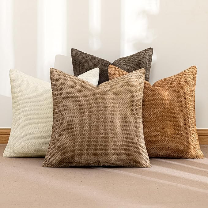 MIULEE Pack of 4 Brown Couch Throw Pillow Covers 18x18 Inch Soft Fall Decorative Chenille Pillows Farmhouse Accent Cushions for Boho Home Decor Spring Sofa Bedroom Living Room