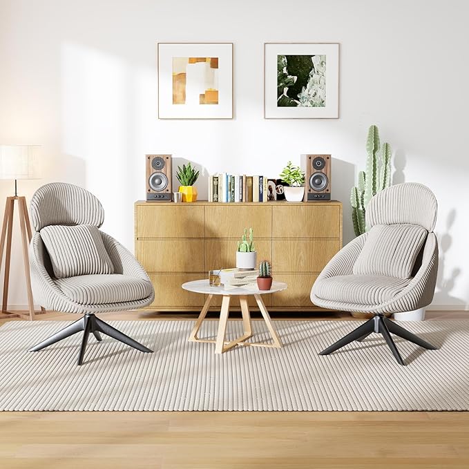 Furniliving Modern Living Room Chair, Swivel Accent Chair for Living Room Desk Chair with Arms Bedroom Chair with Headrest Sofa Chair Side Chair with Pillow Armchair,Corduroy, Grey