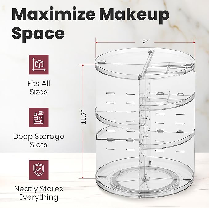 Masirs 360 Rotating Makeup Organizer - Adjustable Shelf Height and Fully Rotatable - The Perfect Round Spinning Cosmetic Organizer for Bedroom Dresser or Vanity Countertop Storage (Clear)