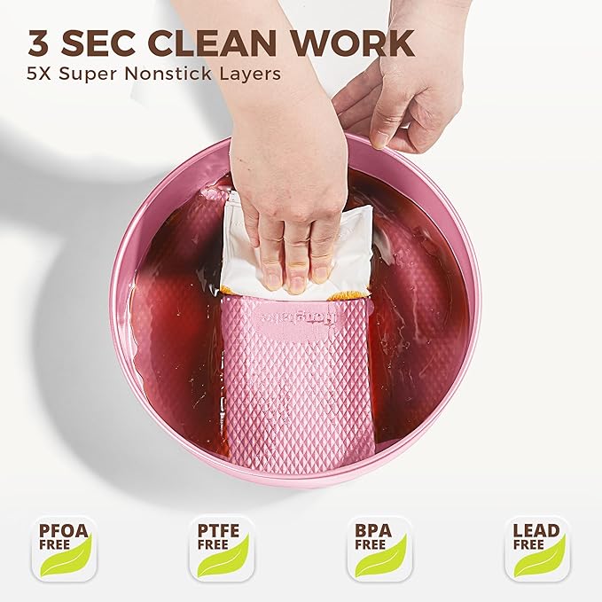 HONGBAKE 9-Piece Baking Pans Set Nonstick, Stackable Non Toxic Bakeware Sets with Diamond Texture, Oven Pan Set for Cooking, Includes Cookie Sheet with Rack, Cake Pan, Roasting Pan, Muffin Tin, Pink