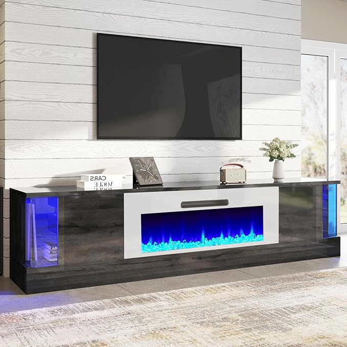 AMERLIFE Glossy Oak Fireplace TV Stand with 40" Fireplace, 80" LED Lights Entertainment Center with Flip Doors & Corner Glass Decor, Modern TV Console Table for TVs up to 90", Living Room, Black&White