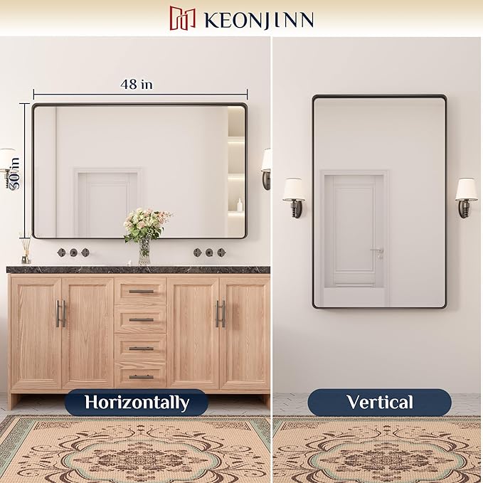 Keonjinn Black Bathroom Mirrors for Over Sink, 48” x 30” Large Rounded Rectangle Bathroom Vanity Mirror, Matte Black Modern Decorative Wall Mirror, Anti-Rust, HD Tempered Glass(Horizontal/Vertical)