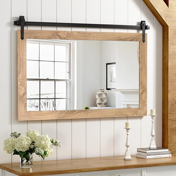 Farmhouse Mirror 42”x28” Bathroom Mirror for Over Sink, Bathroom Vanity Mirrors, Barn Door Style Mirror Farmhouse Decor