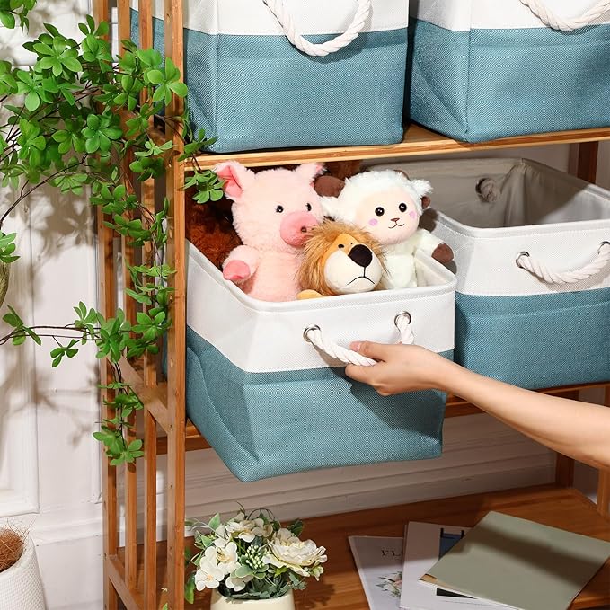 meekoo 8 Pack Collapsible Storage Bins Fabric Storage Bins Polyester Fabric Baskets with Handles Linen Closet Organizer for Shelf Home Closet Towels Toys(15 x 11 x 9.5 in,Cyan White)