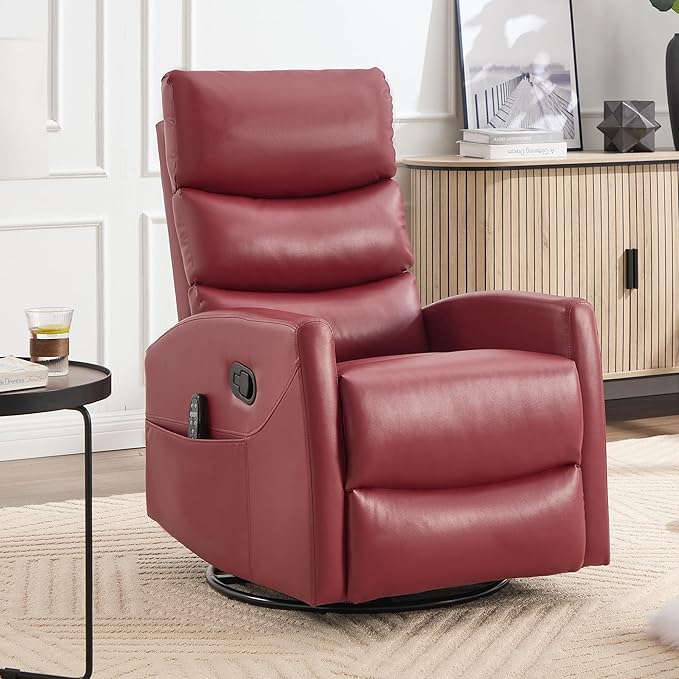 PELUMY Massage Recliner Chair with Heat - Manual Rocker Swivel Recliner, 360° Rotation & 155° Recline for Living Room（Breathable Leather, Red）