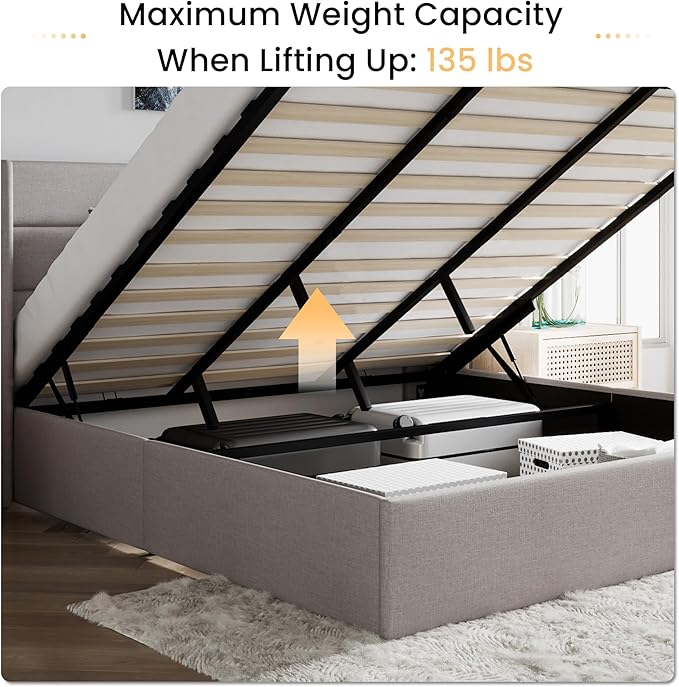 SHA CERLIN King Size Lift Up Storage Bed/Modern Wingback Headboard/Upholstered Platform Bed Frame/Hydraulic Storage/No Box Spring Needed/Wood Slats Support/Light Beige