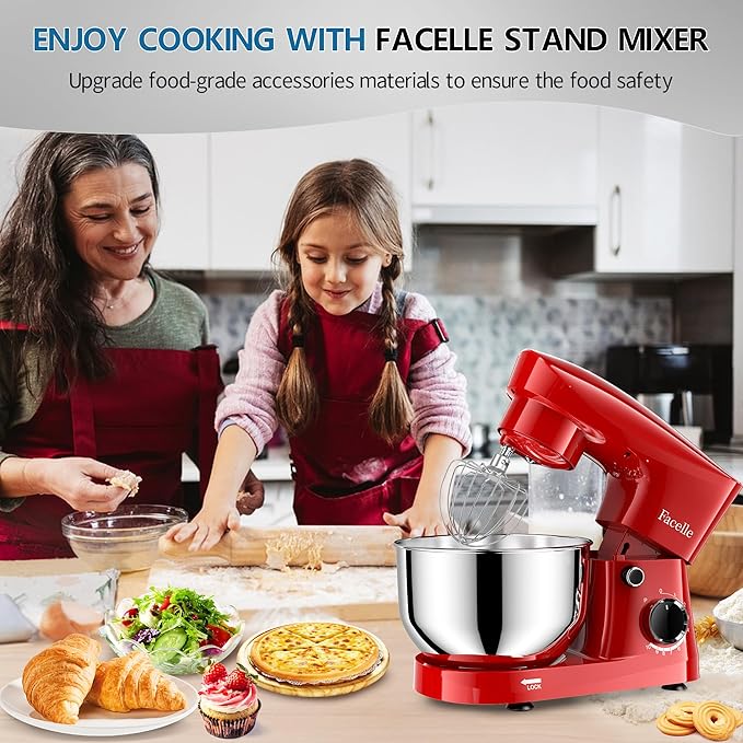 Facelle Stand Mixer, 10-Speed 6QT Kitchen Electric Mixer, Tilt-Head Food Mixer with Beater, Dough Hook, Wire Whip and Egg Separator, scraper for Most Home Cooks - Red