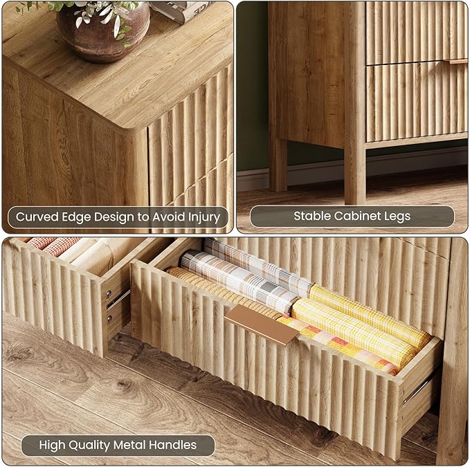 55" Wide Fluted 6 Drawer Dresser for Bedroom, Wooden Dresser Modern Chest of Drawers TV Stand Dressers with Organizer Storage for Bedroom, Living Room, Entryway, Oak