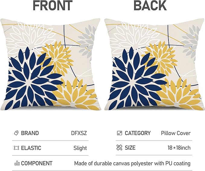Outdoor Pillow Covers 18x18 Inch Set of 2 Navy Blue Yellow Outdoor Waterproof Decorative Throw Pillows Summer Spring Decor for Home Patio Funiture Garden Living Room Polyester Cushion Covers 01G18