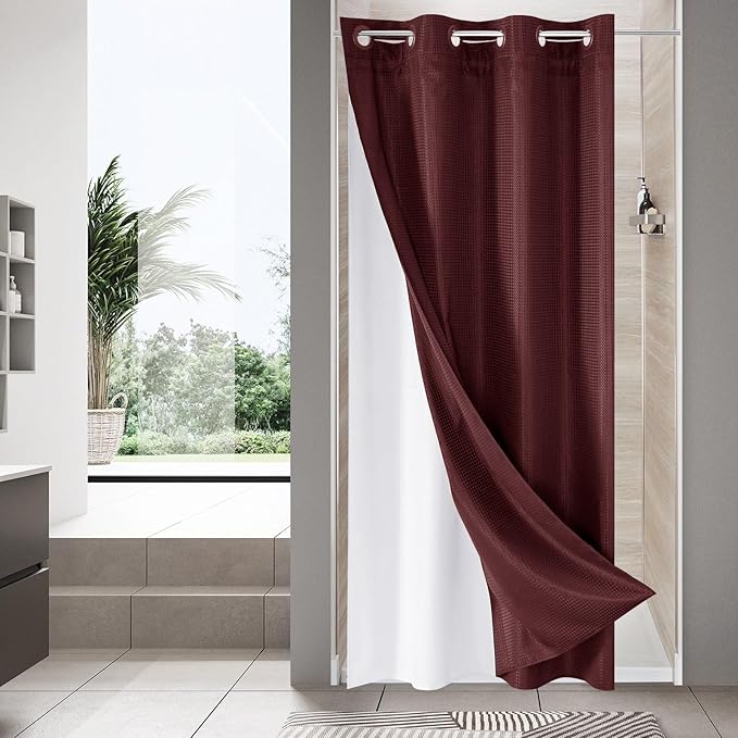 MitoVilla Burgundy Waffle Small Stall Shower Curtain 36 x 74, No Hooks Required Half Size Narrow Fabric Cloth Shower Curtain Set with Snap-in Liner for Modern Bathroom Decor, Burgundy