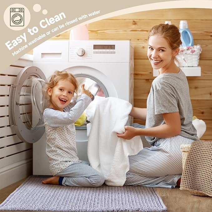 Waffle Bath Mat, Boho Bathroom Rugs Non Slip Washable Super Absorbent Quick Dry Cute Bath Mat Farmhouse Bathroom Decor, 36''x24'' Lavender Cream