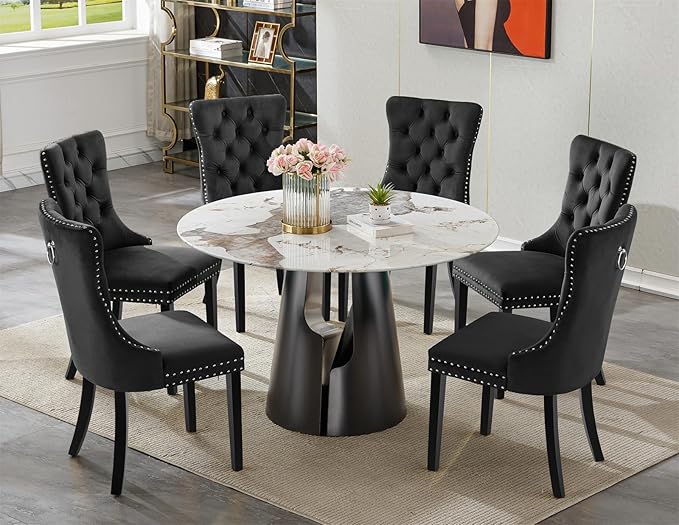 7-Piece Faux Marble Round Dining Table Set for 6, Modern Luxury Kitchen Table Set for 6 with Black Tufted Chairs,Circle Dining Tables with Pandora Grain Top and Black Pedestal Base