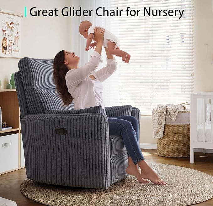 LINSY 360 Swivel Recliner Chair: Corduroy Rocking Chair Nursery Glider Chairs with 2 Pillows Comfy High Back Adult Recliner for Small Spaces, Living Room Bedroom Nursery Reclining Chairs, Dark Grey