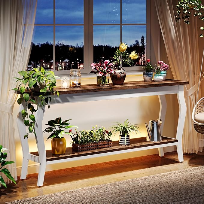 Tribesigns 70.9 Inches Extra Long Sofa Table Behind Couch, Vintage Console Entry Table with 2-Tier Storage for Hallway, Entryway, Living Room, White & Brown