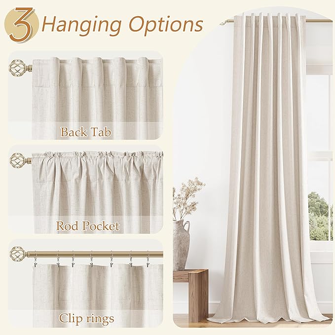 Guken Beige Cream Linen Blackout Curtains 120 Inch Length 2 Panels Set for Living Room Bedroom Back Tab Thermal Insulated 100% Black Out Linen Drapes Room Darkening Window Curtains 120 Inches Long