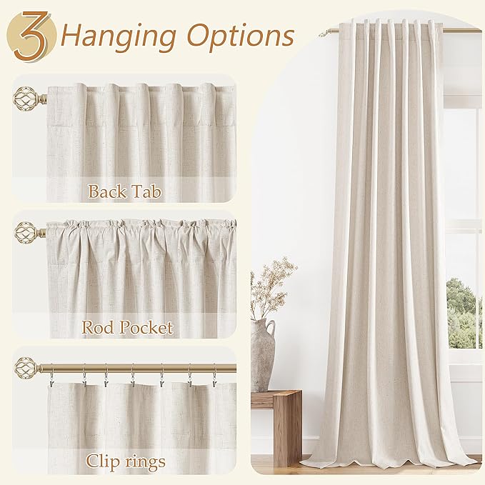 Guken Beige Cream Linen Blackout Curtains 92 Inch Length 2 Panels Set for Living Room Bedroom Back Tab Thermal Insulated 100% Black Out Linen Drapes Room Darkening Window Curtains 92 Inches Long