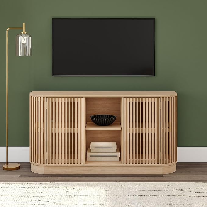 Plank+Beam Contour Wood TV Stand, Two Door Solid Wood Entertainment Console with Storage, 59" L x 16" W x 30" H, Blonde