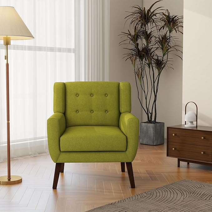 Accent Chair, Mid-Century Modern Fabric Chairs with Arms for Living Room, Comfy Upholstered Club Single Sofa Armchair for Bedroom Waiting Room with Solid Wood Frame (Fabric Green, Set of 1)