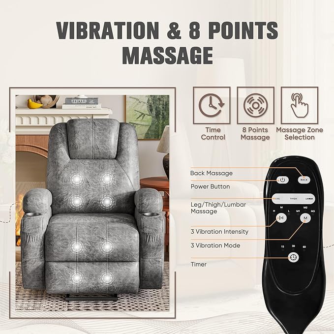 Flamaker Power Lift Chair with Vibration Massage Luxurious Leathaire Fabric Electric Lift Recliner for Elderly Power Lift Recliner Chair with Cup Holders Side Pockets for Living Room (Light Gray)
