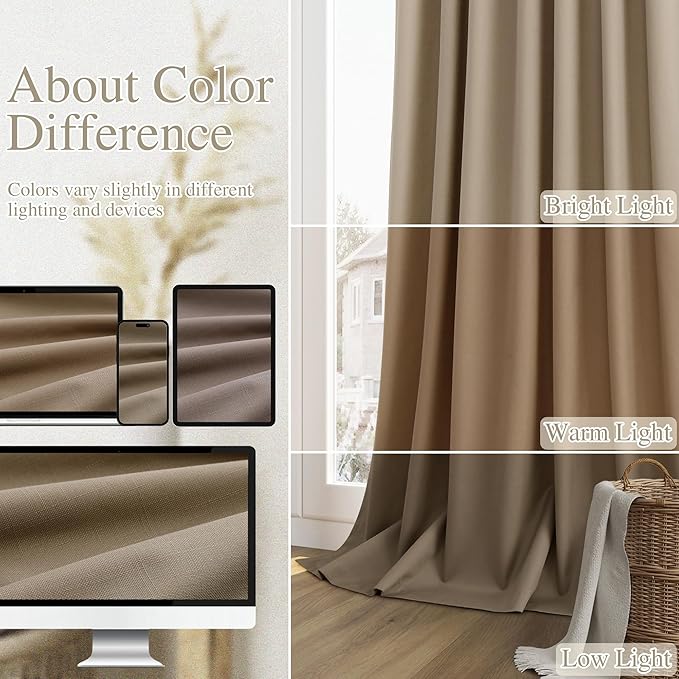 Guken Dark Camel Blackout Curtains 120 Inch Length 2 Panels Set for Living Room Bedroom Back Tab Thermal Insulated 100% Black Out Linen Drapes Room Darkening Window Curtains 120 Inches Long