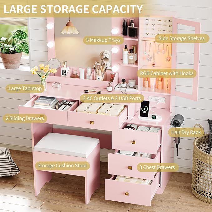 Vanity Desk with Mirror and Lights, Makeup Vanity Table Set with 5 Storage Drawers, Power Outlet & Chair, Small Dressing Table with RGB Ambient Light, Adjustable Brightness for Girls Bedroom, Pink