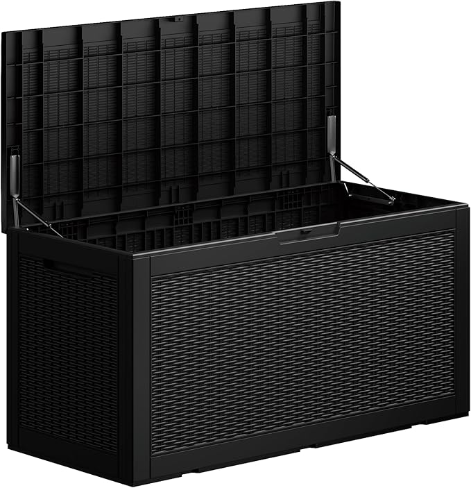 100GAL Black Wicker - Textured Outdoor Deck Box with Lockable – Waterproof, SGS - Verified UV Resistance, Stylish Storage for Patio Furniture & Outdoor Toys, Quick Assembly