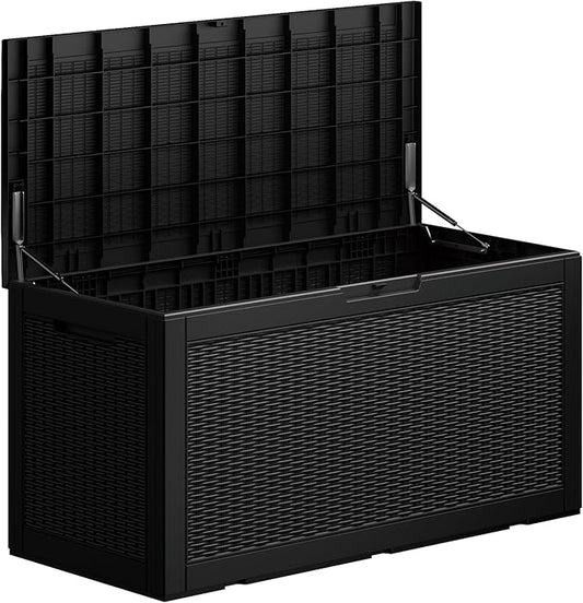 100GAL Black Wicker - Textured Outdoor Deck Box with Lockable – Waterproof, SGS - Verified UV Resistance, Stylish Storage for Patio Furniture & Outdoor Toys, Quick Assembly
