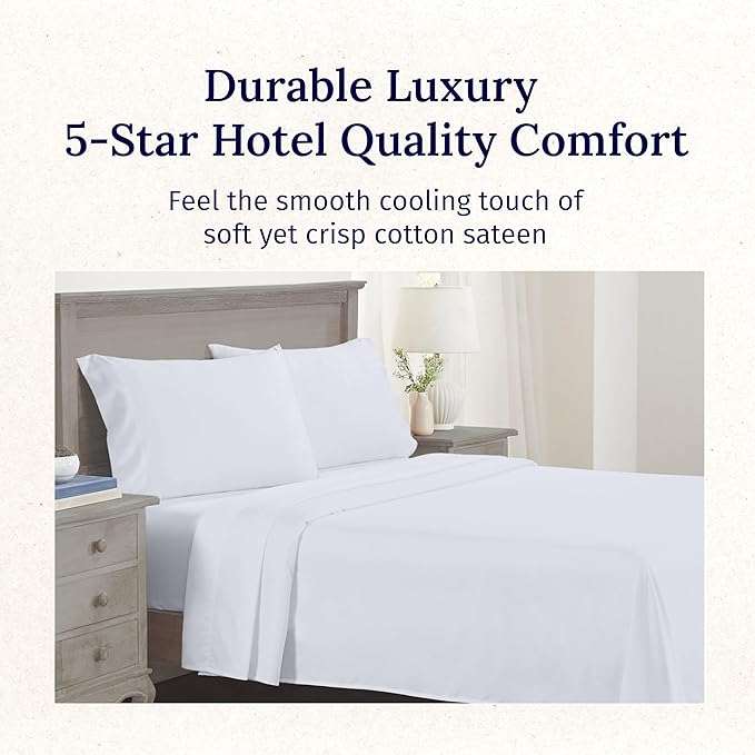 California Design Den Deep Pocket Twin Sheets Set - Luxury 600 Thread Count 100% Cotton Sateen, Twin Sheet Set with All Around Elastic for a Snug Fit, Hotel Quality Bedding - White
