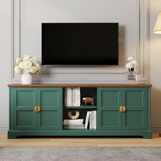 HLR 67” Modern TV Stand for TVs up to 75+ inch, Shaker Style Television Console Table, Entertainment Center with Storage Cabinets, Wood Media Furniture for Living Room,Bedroom, Green