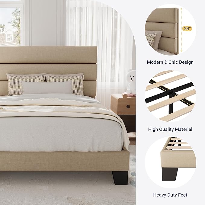 Allewie Twin Size Platform Bed Frame with Fabric Upholstered Headboard and Wooden Slats Support, Fully Upholstered Mattress Foundation/No Box Spring Needed/Easy Assembly, Beige