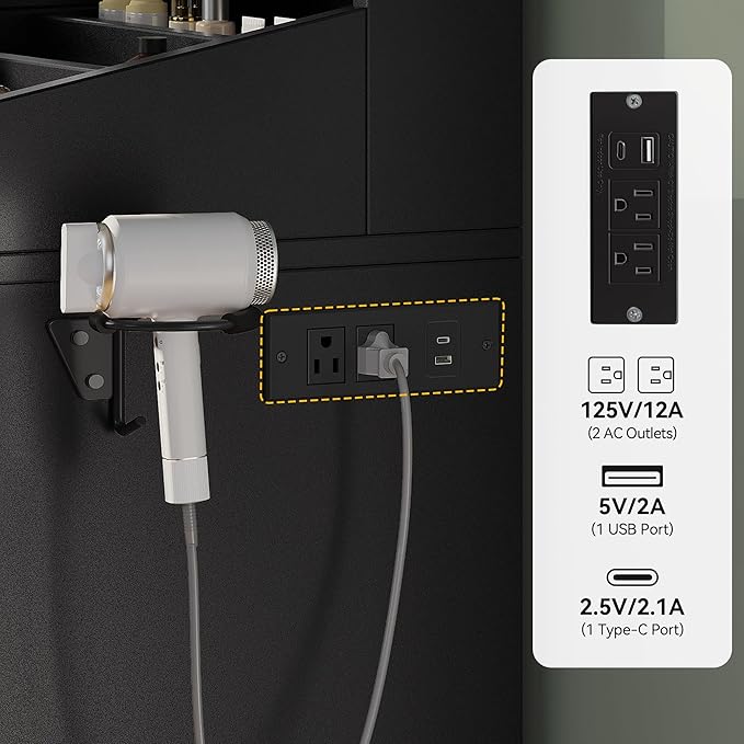 DWVO Fluted Makeup Vanity Desk with Large 27" Mirror and Lights, Modern Big Makeup Table with Power Outlet, 11 Shelves & 2 Drawers, 3 Color Lighting Modes, Dressing Table Vanity Set for Bedroom, Black