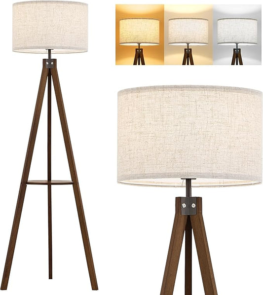 ELYONA Wood Tripod Floor Lamp with Table, Shelf Standing Light with 3 Color Temperatures LED Bulb, Mid Century Modern Wooden Tall Floor Lamp with Linen Shade for Living Room Bedroom Office,Dark Brown