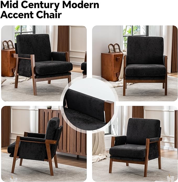 Mid Century Modern Accent Chair with Wood Frame, Upholstered Living Room Chairs with Wide Armrest, Chenille Fabric Comfy Arm Chair for Bedroom, Reading Room, Balcony (1, Black)