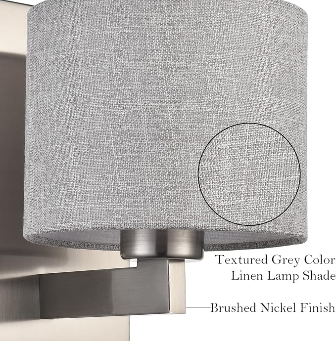 SAMTEEN Brushed Nickel Wall Sconces Set of Two Modern Fabric Shade Wall Lamp Drum Wall Sconce for Bedroom Hallway Living Room Bathroom
