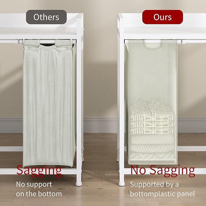 Laundry Hamper with Shelf, Laundry Basket 3 Section, Laundry Sorter with Pull-Out Removable Large Bags and Movable Wheels, Metal Frame, 3 x 15.87 Gallons (60L), White PF04XLW