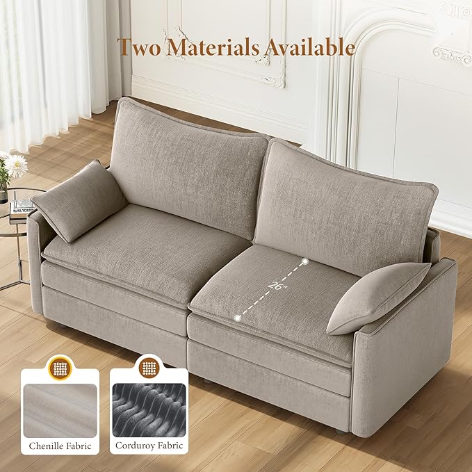 Vesgantti 74" Loveseat Sofa for Living Room, Comfy Cloud Couch Deep Seat Chenille Modern 2 Seater Small Sofa with Armrest Pillow, Easy Assembly for Small Spaces, Light Brown