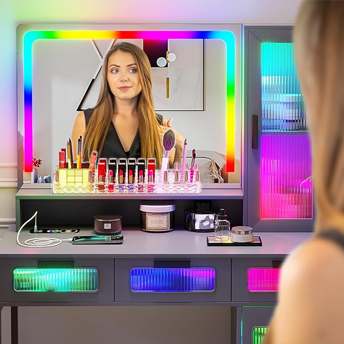 HNEBC RGB Vanity Desk with Mirror and Lights, LED Vanity Makeup Desk with USB/Wireless Charger Station, Vanities Dressing Table Sets with 6 Drawers/Cabins/Stool/Shelves for Bedroom&Cloakroom,Grey