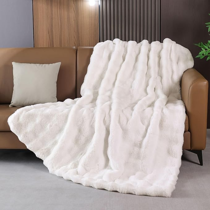 Fluffy Fuzzy Cozy Faux Fur Throw Blanket for Living Room Couch Cream Beige Bubble 60X80 Throw Blanket for Apartment Bed Gift Office Decorative Blanket Decor 860 GSM