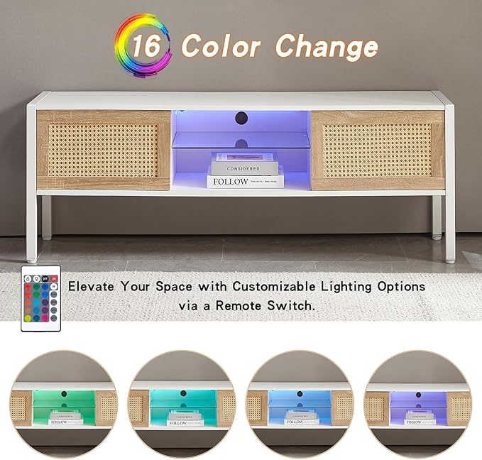 TV Stand, 54.33" TV Console for TVs up to 65 Inches, Mid Century Modern TV Stand Entertainment Center with Storage, with Rattan Door, Shelves & 2 Cabinets, 16 Color Light Strip, White