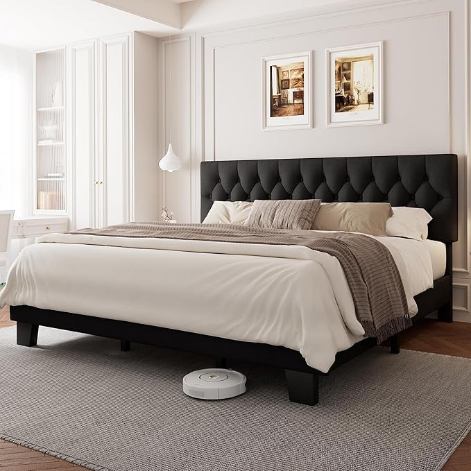 King Upholstered Bed Frame with Headboard, Button Tufted Linen Bed Base, Platform Bed with Heavy Duty Wood Slat Support, Noise Free, Easy Assembly, No Box Spring Needed, Black
