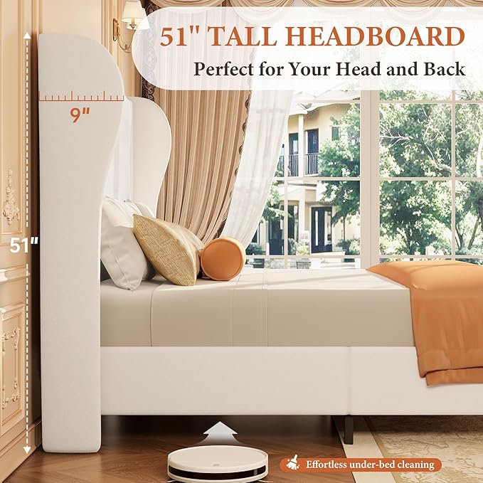 Queen Bed Frame Chenille Upholstered Platform Bed with Headboard and Footboard, 51" High Deep Tufted Wingback Sleigh Upholstered Bed, Modern Retro Minimalist Style, Easy Assembly, Cream